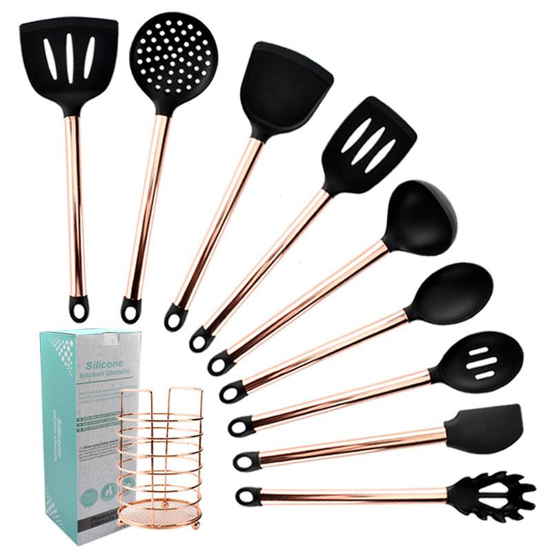 

10pcs Kitchen Utensil Set Silicone Copper Plated Handle Heat Tool Resistant