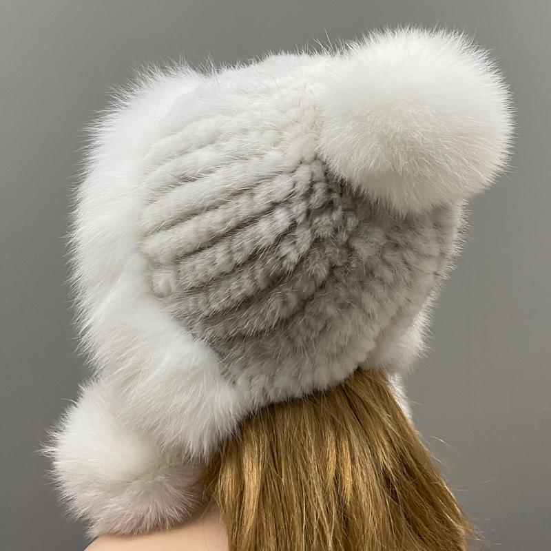 Real Mink Fur Hats Knitted Ear Cap Genuine Warm Snow Fluffy Female Fox Fur Hat Outdoor Luxury Woman Hat