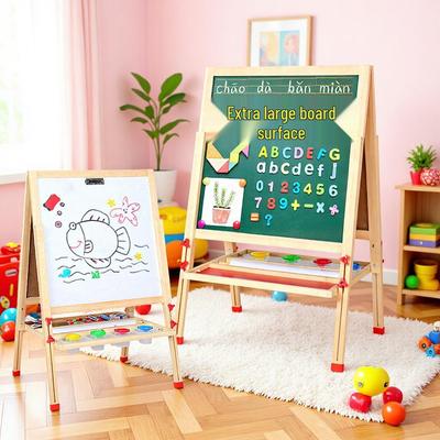 Dětský dřevěný oboustranný magnetický stojan s tabulí a bílou tabulí pro kreslení a psaní