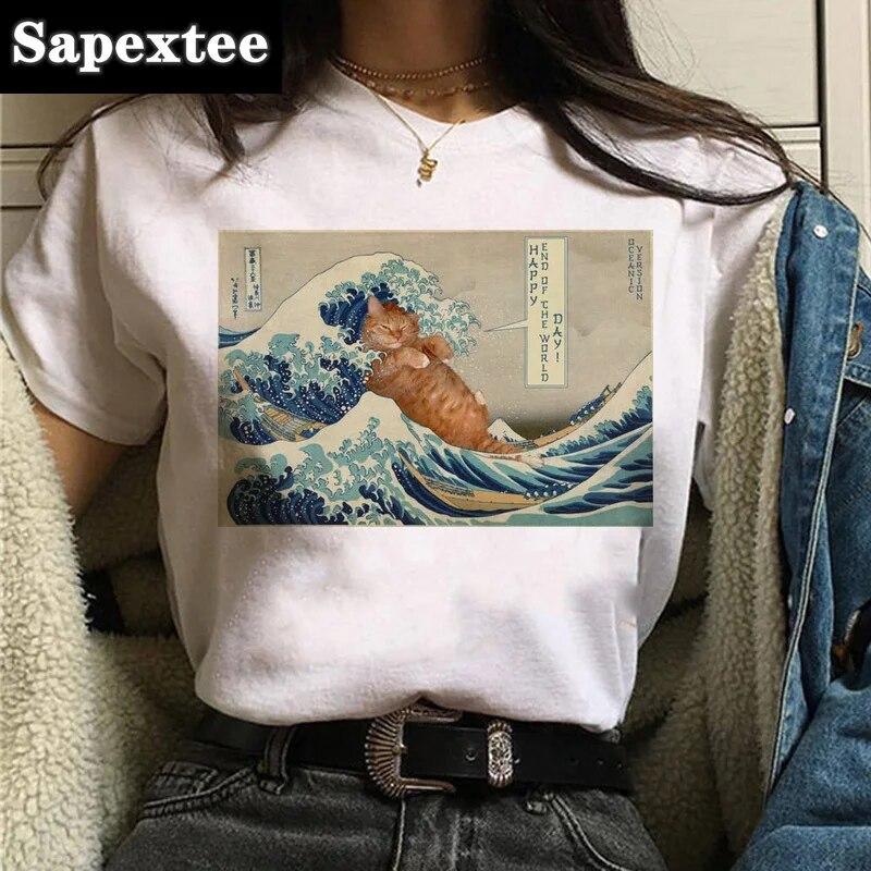 Camiseta Gato Van Gogh woUnisex estampado artístico pintura al óleo hermosa linda divertida camiseta dibujos animados años 90 ulzzang top casual camiseta mujer