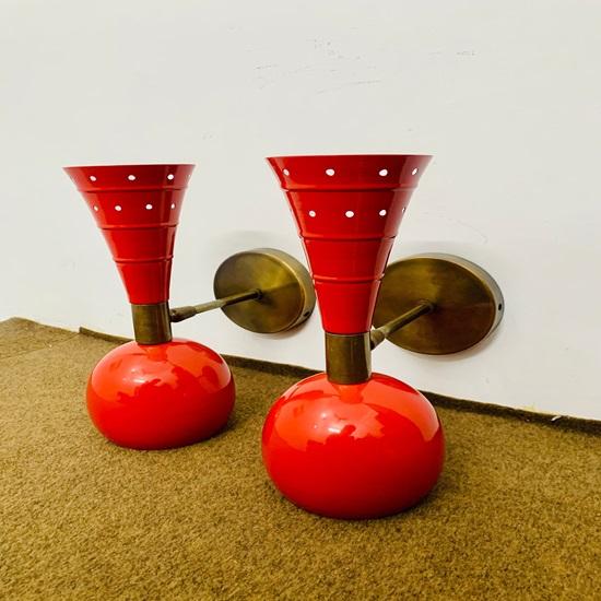 Shiny Red Wall Sconce Pair 1950s Mid Century Brass Italian Diabolo Wall Sconce Light Fixture 2 Bulb Pair