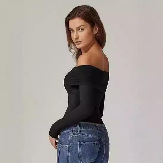 European and American Women's One-Shoulder Long-Sleeve Milk Silk T-Shirt - Elegant and Stylish Design