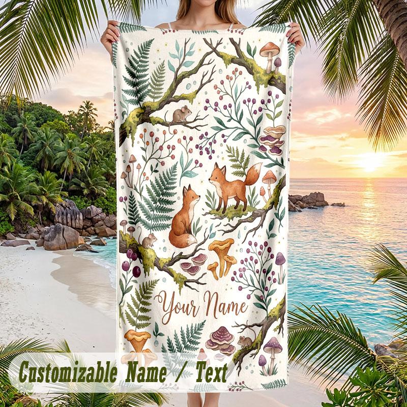 Forest Fox Fantasy Theme Quick Dry Beach Towel Custom Name Text Print Large Sand Resistant Towel Beach Vacation