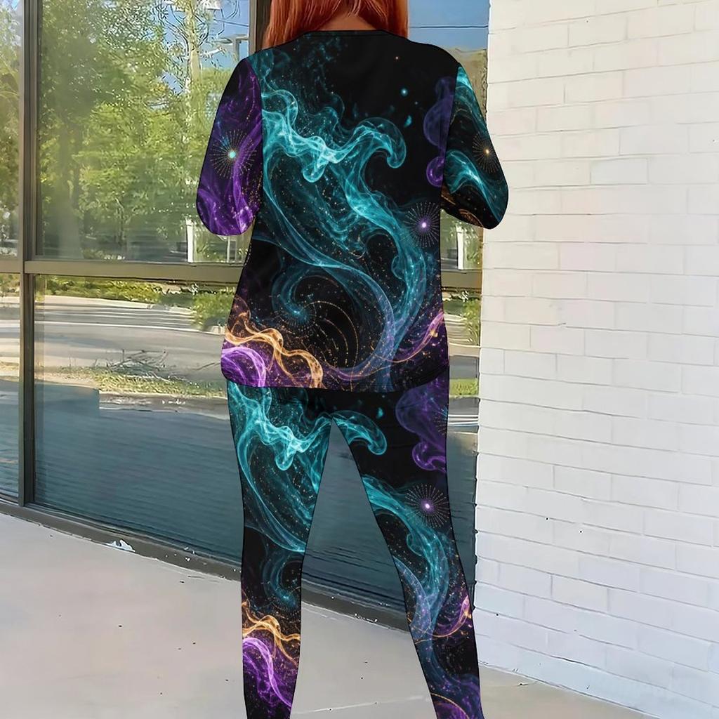 Women Plus Size Tie Dye Printed Round Neck Long Sleeve Top Fitted Pants Two Piece Set
