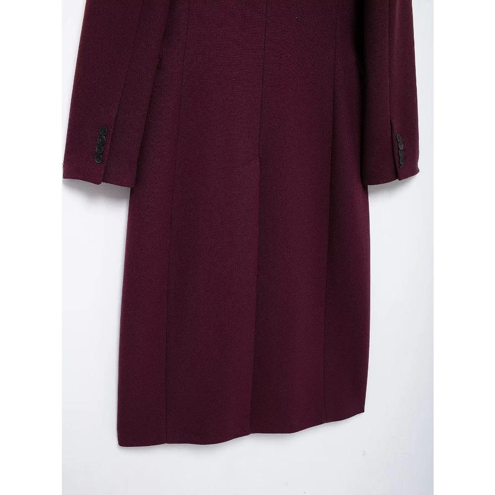 Women Fashion Burgundy Woolen Coat Double Breasted Long Sleeve Lapel Blends Jacket Autumn Winter High Street Outerwear