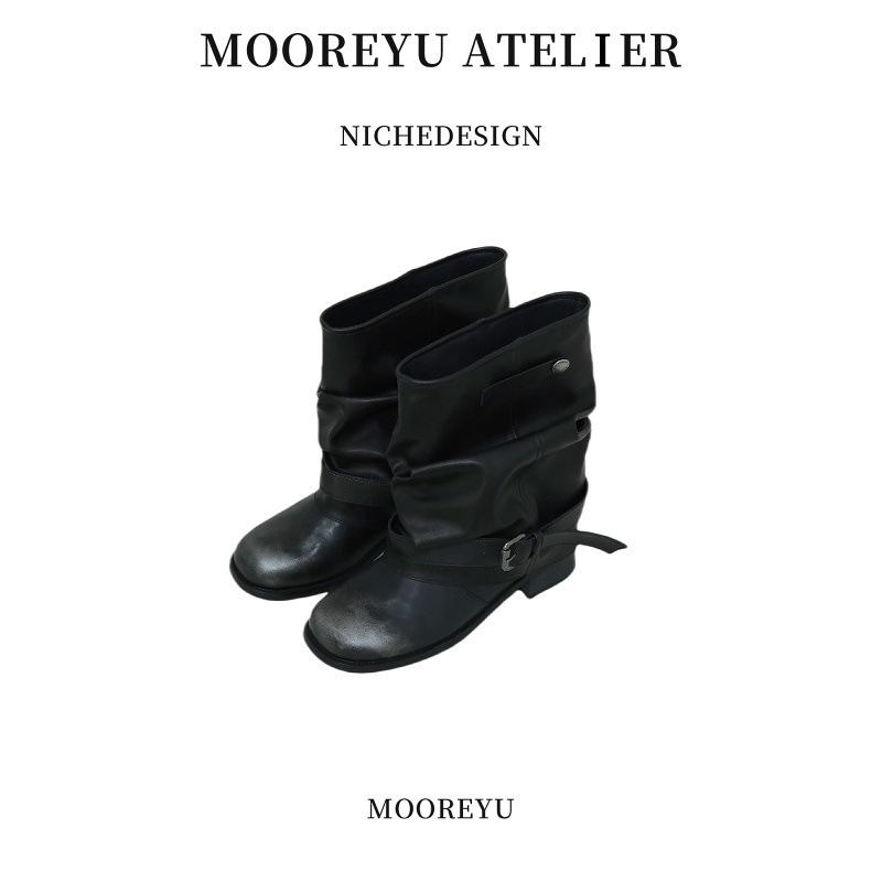 Rindslederversion~ Western-Cowboystiefel Damen Plissee Stiefel mit Blockabsatz Schwarz Runde Spitze Retro Lederstiefel Dicke Ferse Ritterstiefel