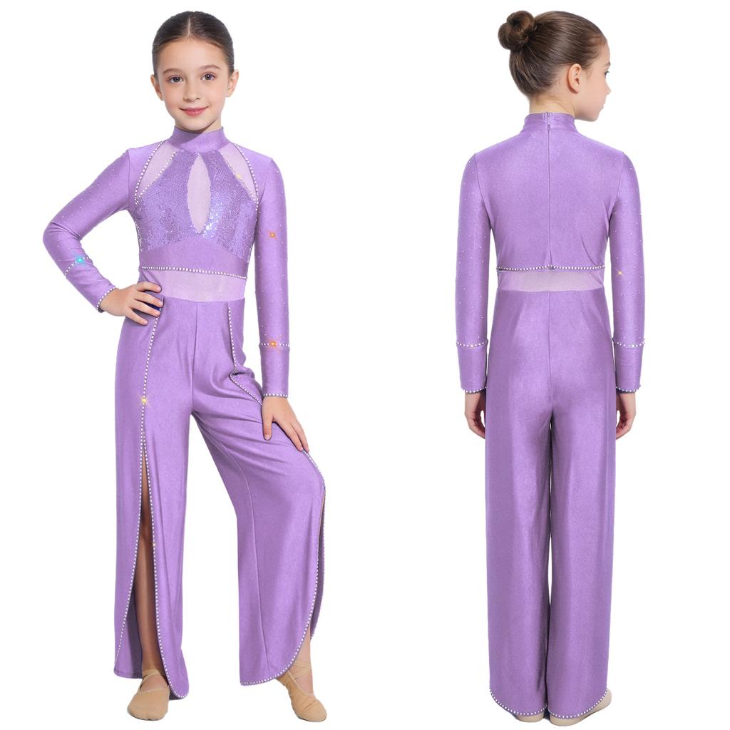 Kids Stage Performance Leotard Mock Neck Long Sleeve Sequins Rhinestone Mesh Patchwork Back Zip Split Wide Leg Jumpsuit for Lyrical Dance