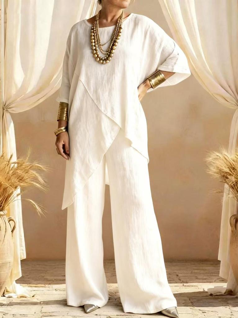 Dámský lněný dvoudílný set Asymetrický top & Široké kalhoty Ležérní letní outfit