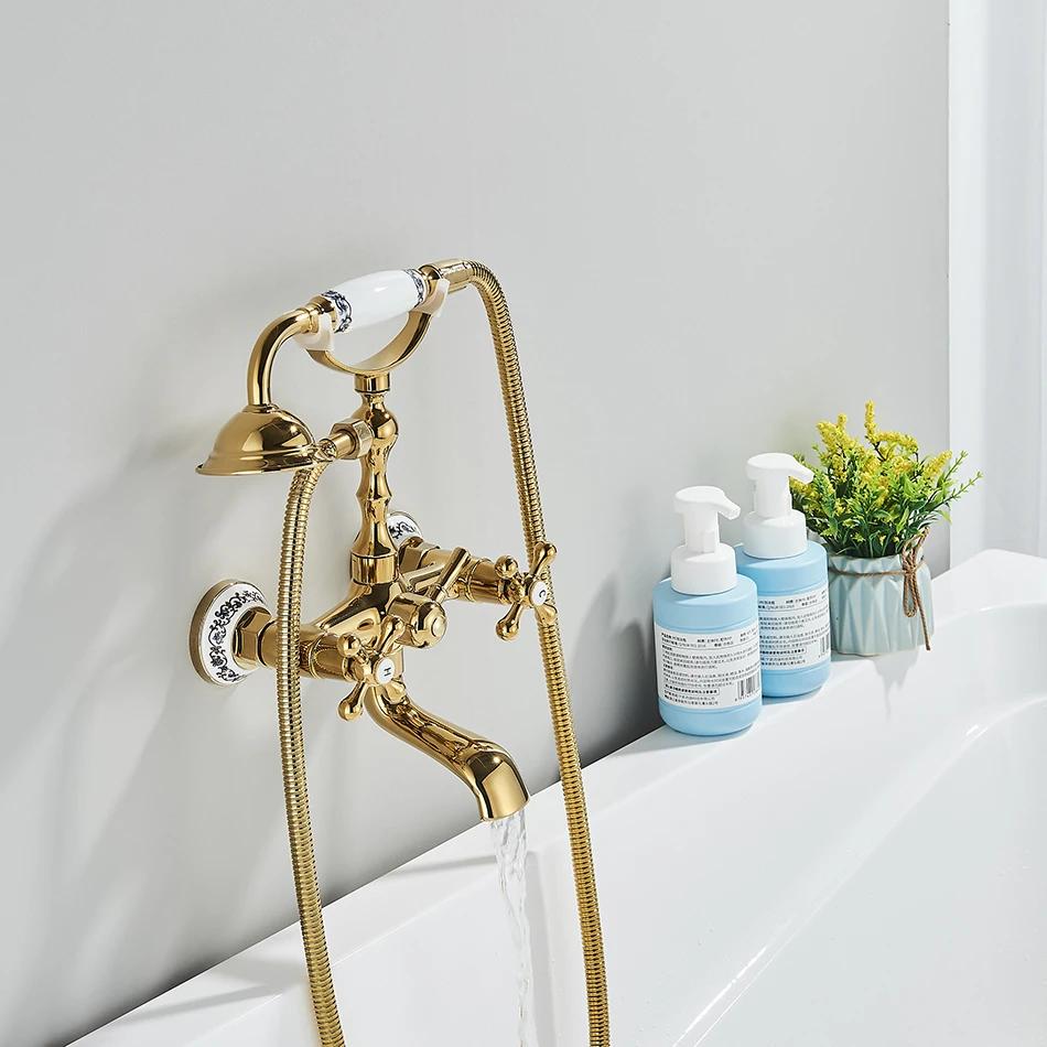 Luksusowy Złoto-Czarny Baterie Wannowe Mieszacz Styl Telefonu Z Natryskiem Ręcznym Obrotowa Wylewka Zestawy Mieszaczy Wody Gorącej i Zimnej do Wanny