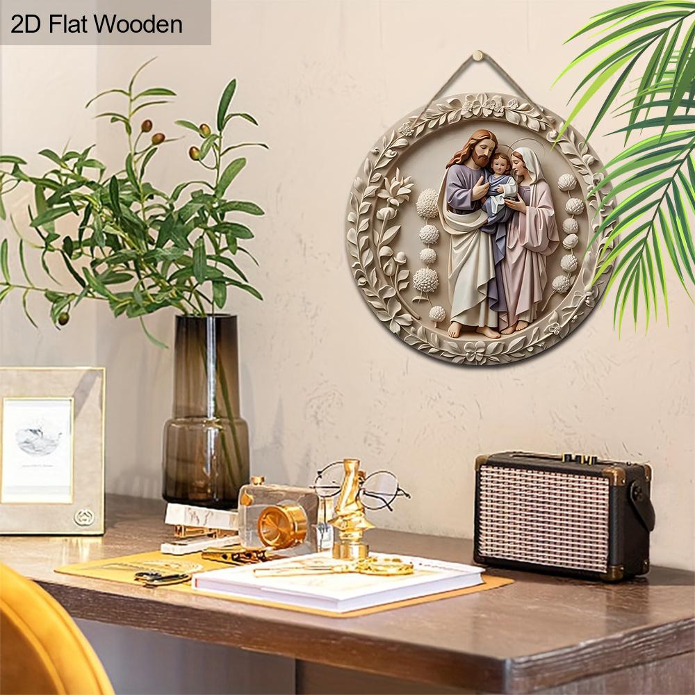 Nativity Scene Wooden Sign, Charming Jesus's Family Round Sign for Front Door Wall Church Hanging Decor, Ideal Christmas Gift for Christians