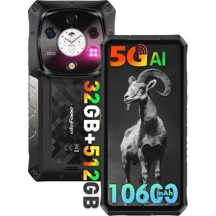 Téléphone Portable Incassable 5G Ulefone Armor 28 Pro 32+512Go 6,67" FHD+ Smartphone Robuste 50MP+64MP 10600mAh Dural SIM/NFC Noir