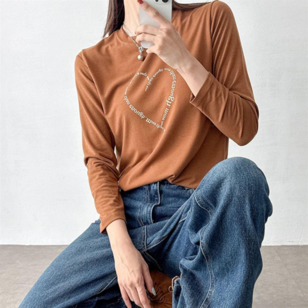 New Arrivals Open Run Women HearT PrinT Long Sleeve Round Basic FiT T shirT