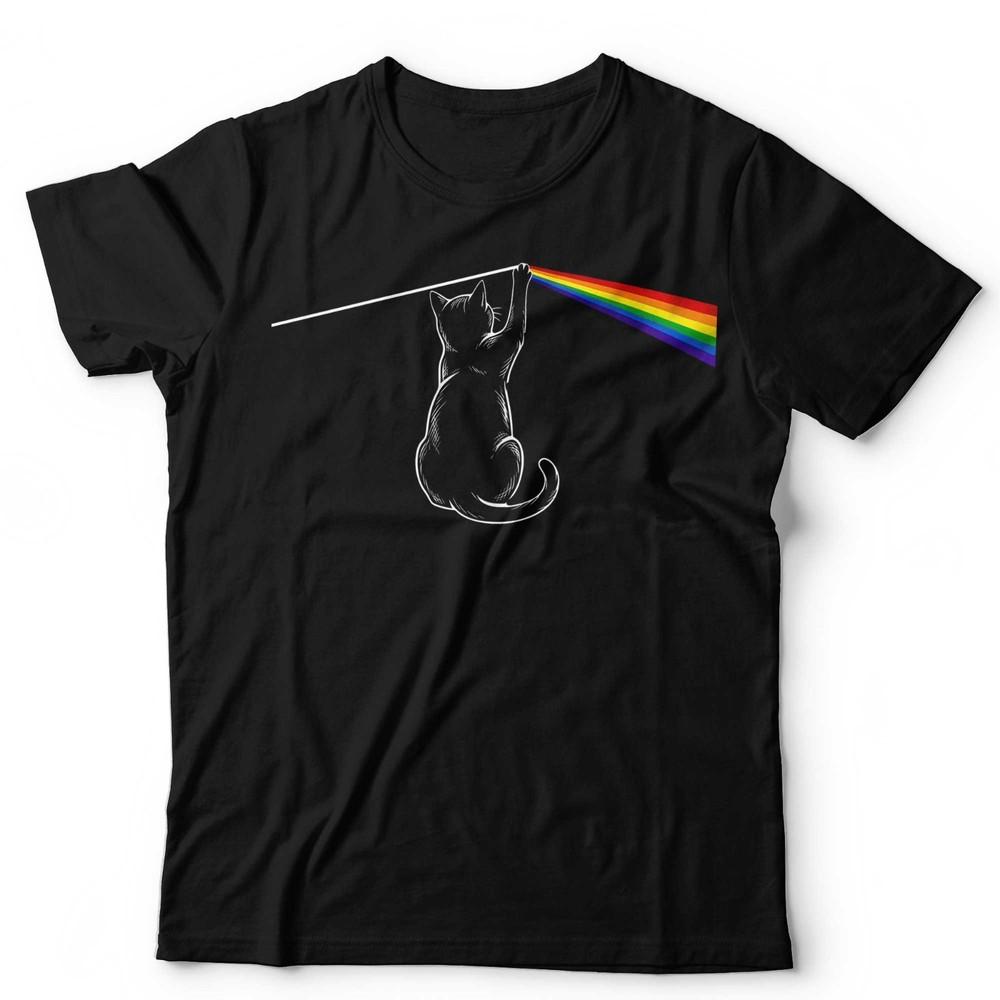 Funny Dark Side Cat Shirt Moon Rainbow Prism Black Cat Graphic Floyd Tee Unisex S