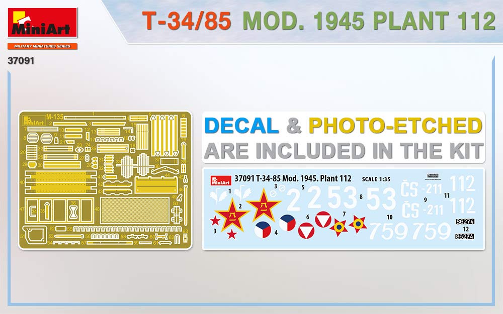 Miniart Scale Chinese Liberation Army Factory 112 Plastic Model Kit MA37091 1/35 People's T-34/85 1945,