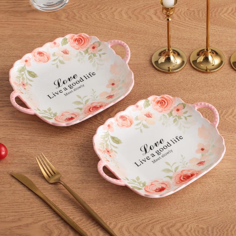 Zhishi Pink Rose Ceramic Square Plate with Handles