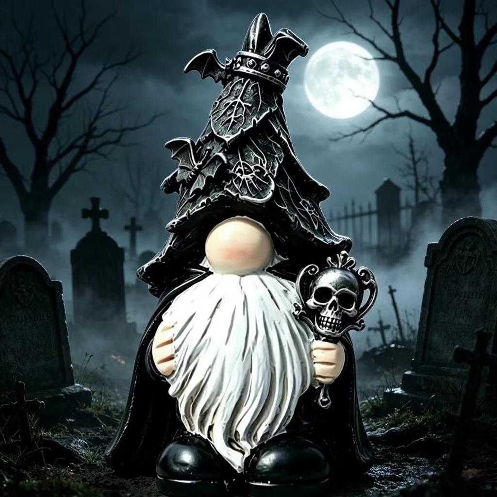 Halloween Resin Vintage Gnome Ornament with Skull & Bat Wizard Gnome Statue for House Bedroom Living Room Holiday Gifts