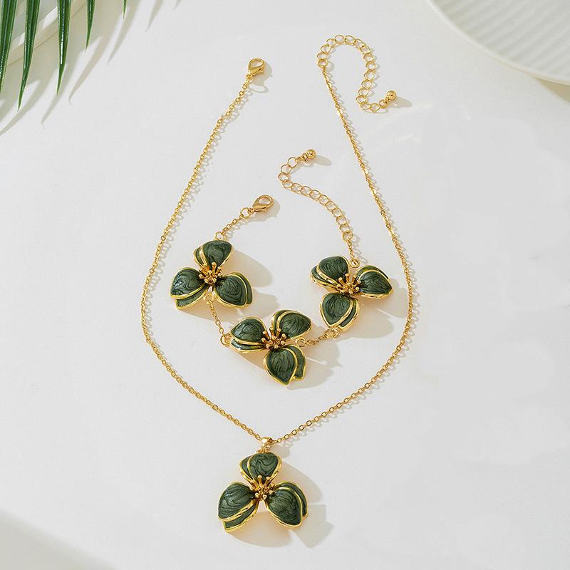 Simple Oil-Infused Flower Earrings And Necklace Set - Casual Jewelry Set For Women