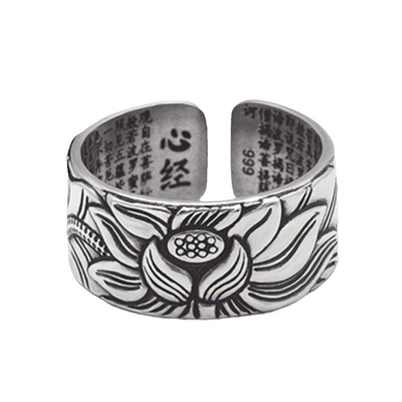 Thai silver black lotus heart sutra opening ring for men and women Silver vintage lotus novel wide silver ring ring