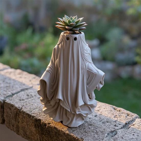 Halloween Ghost Planter, Spooky White Ghost Flower Pot, Small Decorative Plant Container for Garden, Yard, Porch, Tabletop, Indoor Outdoor Decor