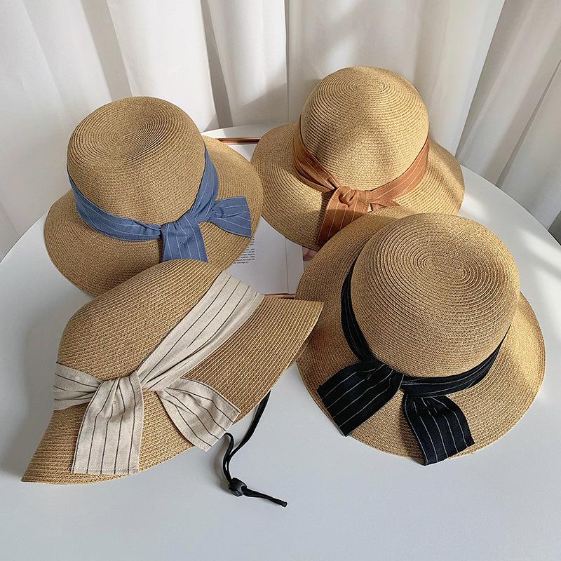 Vintage Big Eaves Hat Straw Hat Women Spring and Summer Bow Straw Bucket Hat Sunscreen Sunshade Beach Hat Sun Hat