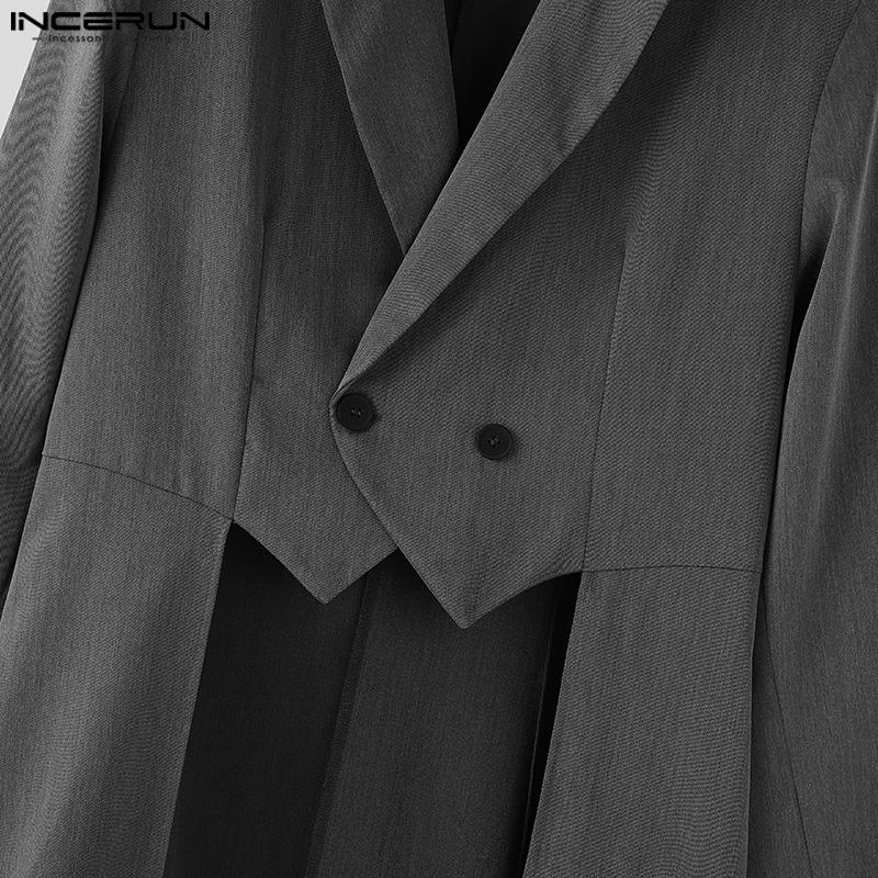 INCERUN Men Peak Lapel Solid Color High Low Irregular Splits Maxi Blazer Coats