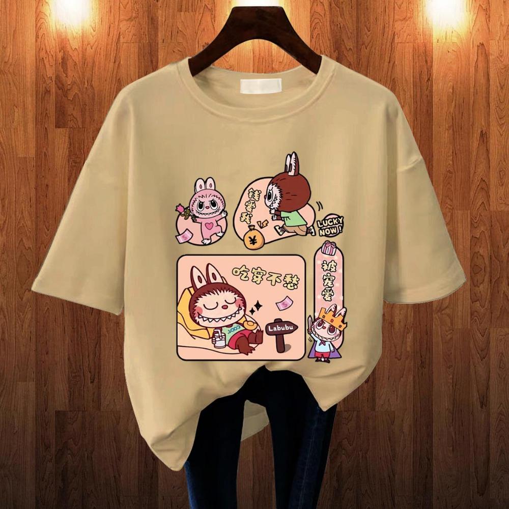 2025 Popular Children's Clothing Short Sleeved LABUBU Rest Holiday Pattern Round Neck T-shirt Cartoon Style Girl's Top