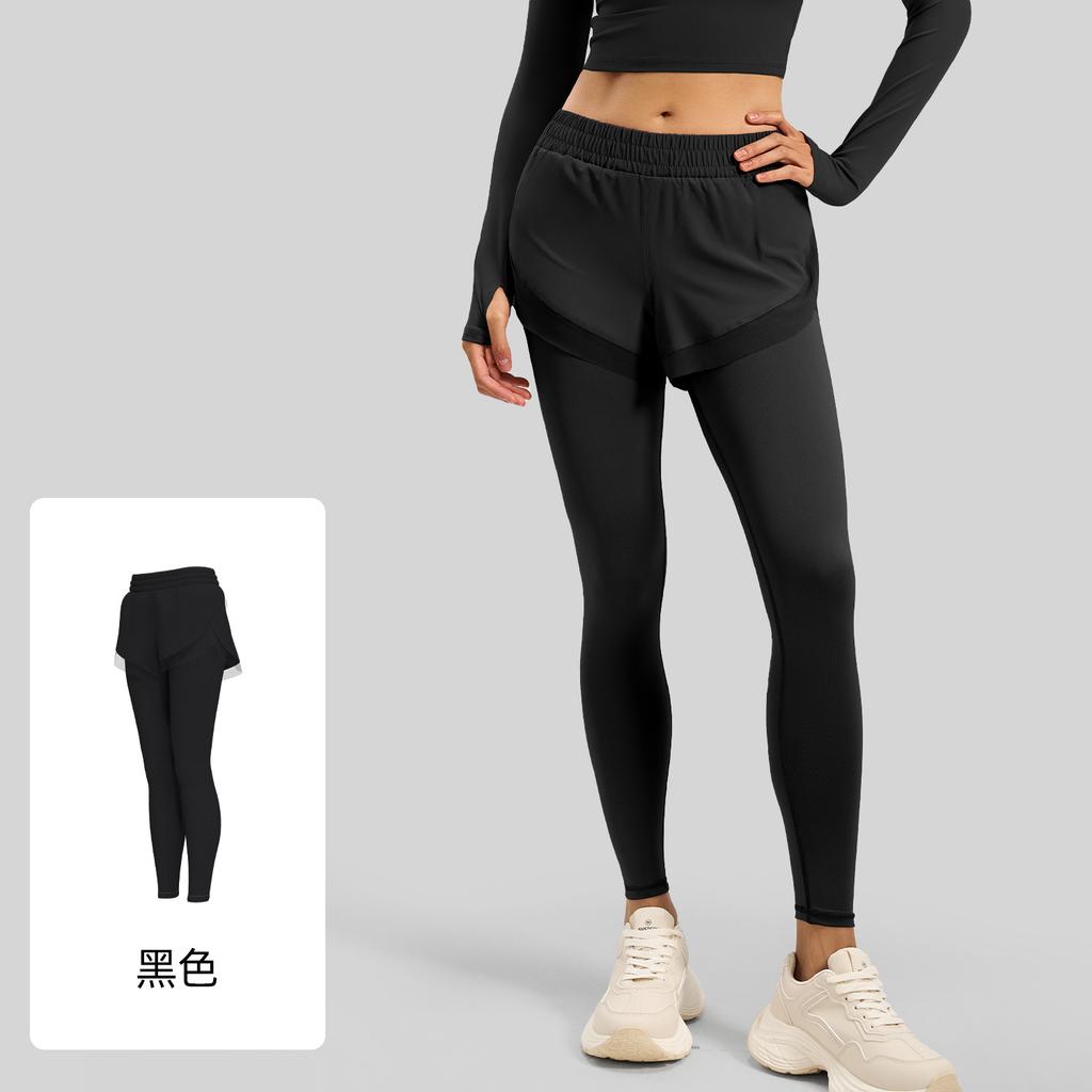 Fake two-piece sports leggings pocket pants nude fitness trousers high waist hip yoga pants women