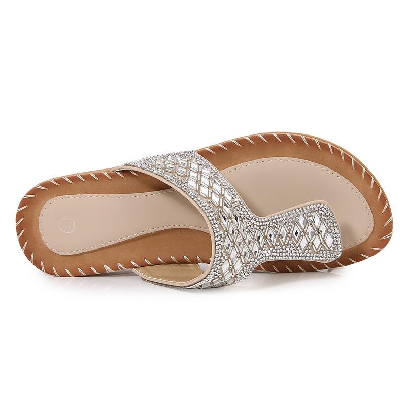 New Bohemian Cool Slippers Women's Summer Rhinestones Evening Wind Flat Bottom Round Head Pinch Feet Open Toes