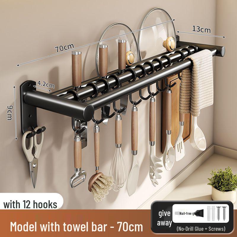 Stainless Steel Wall-Mounted Kitchen Hook & Pot Lid Rack with Knife Holder.