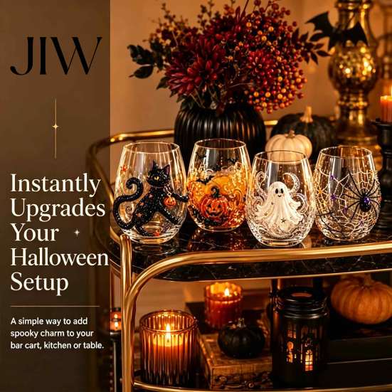 Fun Holiday Gifts Halloween Glass Tumbler, Embossed Pumpkin Ghost Cat Bat Drinking Glass, Unique Spooky Stemless Beverage Cups, Seasonal Drinkware for