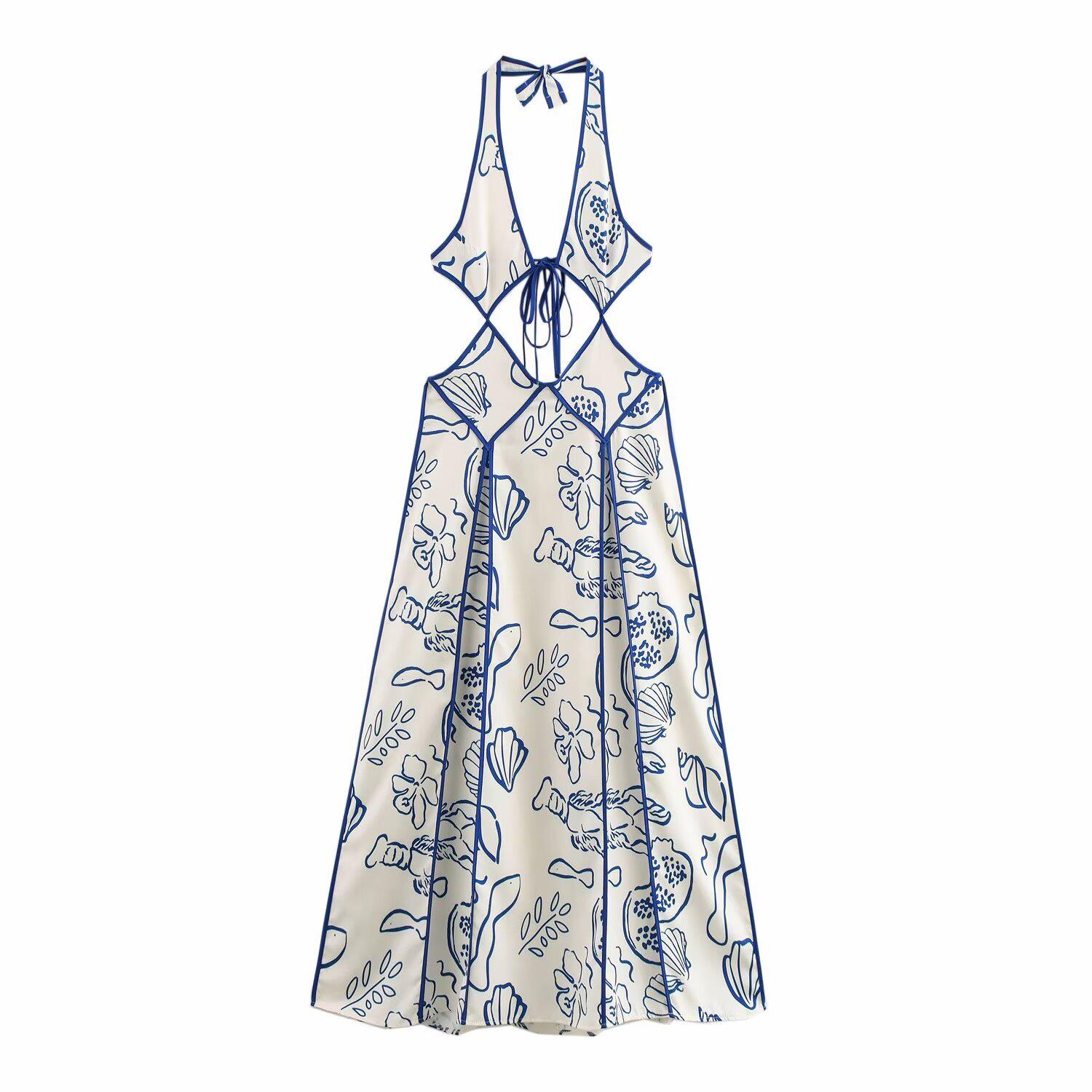 

Весеннее женское платье-халтер с цветочным принтом в европейском и американском стиле, 2025 Small синий