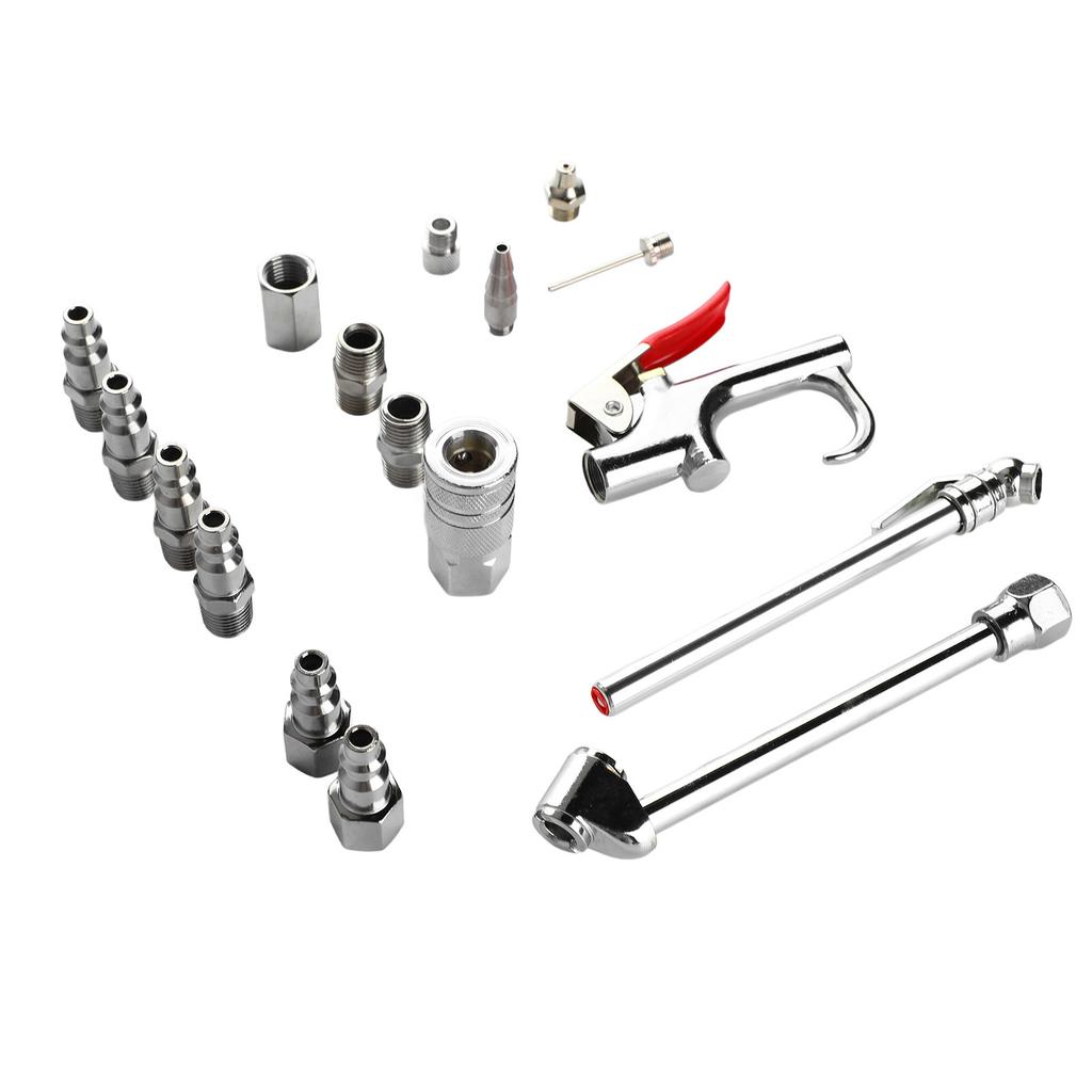 17-teiliges Druckluftblaspistolen-Zubehörset 14NPT Kupplungsstecker Doppel-Fuß-Spannfutter Blaspistole Reifendruckmesser