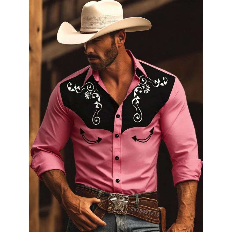 Nuova Camicia da Uomo a Maniche Lunghe, Stile Western Cowboy con Stampa a Fantasia Vintage, Top da Uomo alla Moda a Maniche Lunghe con Collo a Revers.