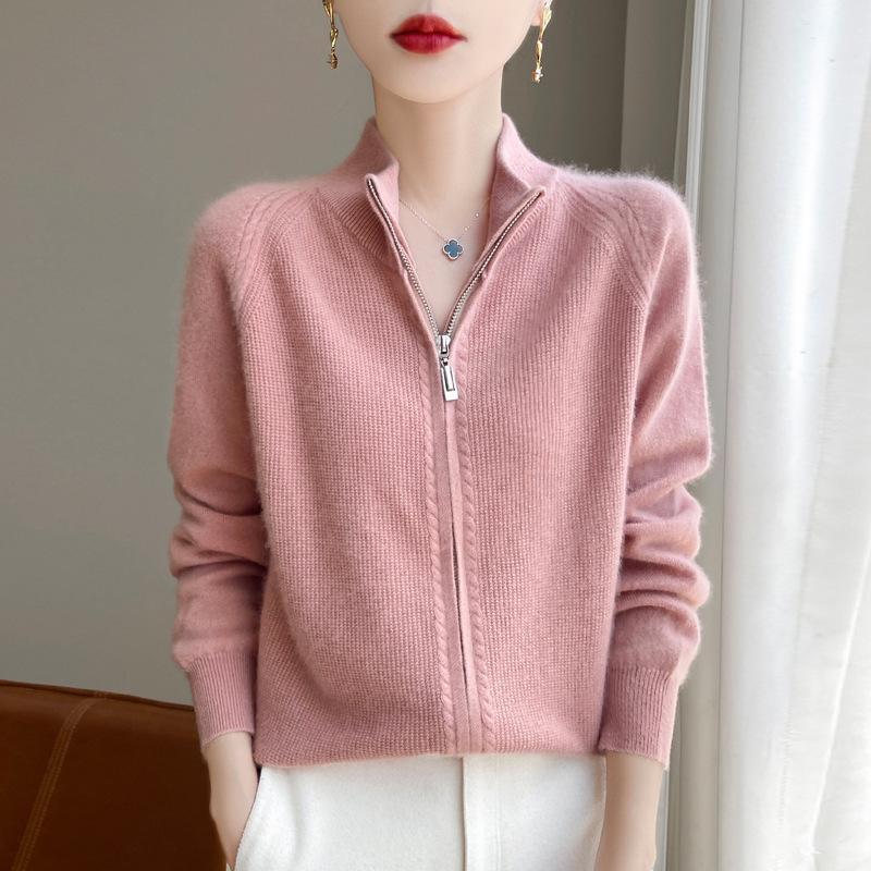 Women's Pure Wool Double Zipper Knit Cardigan - Stand Collar, Drop Shoulder, Versatile Cashmere Sweater for Autumn/Winter