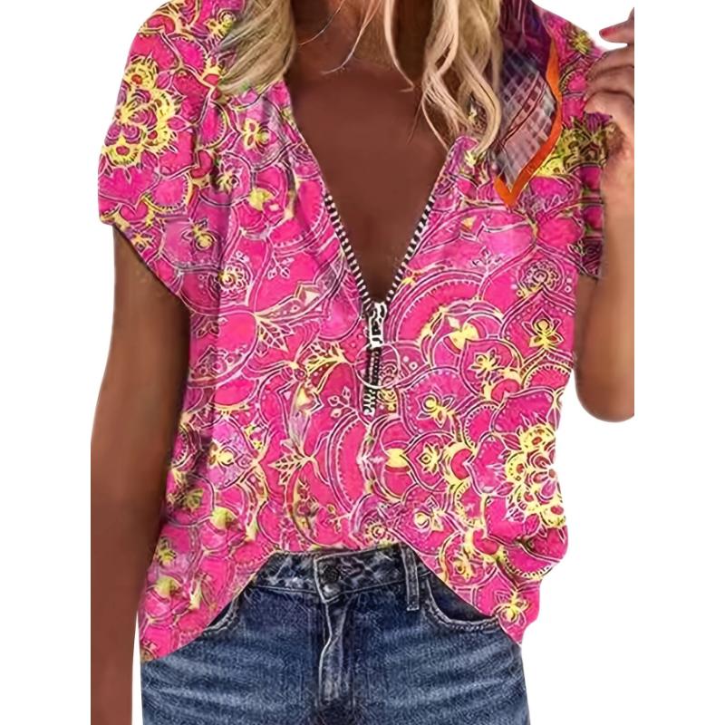 Women Fashion Short Sleeve Printed Zippered Top XL