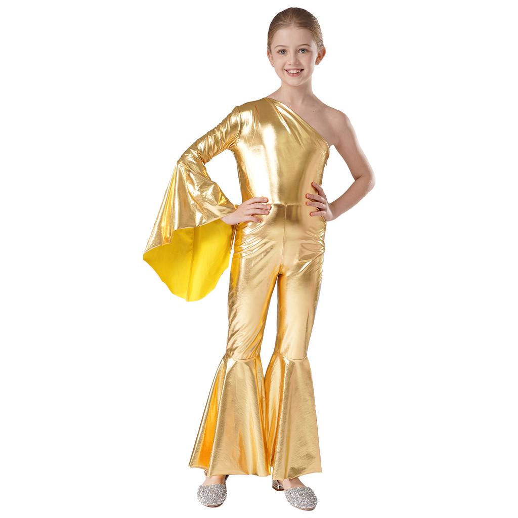 Mädchen Metallic Glänzend Schlaghose Jumpsuit Ein Schulter Schlagärmel Tanzkostüm für Karnevalsparty