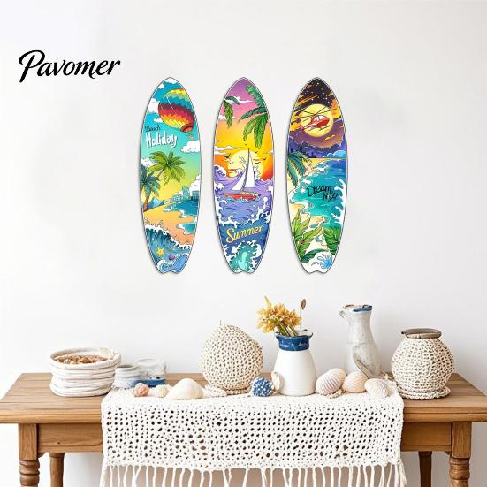 Summer Island Room Decoration 3Pcs Wooden Beach Surfboard Wall Decor, Tropical Ocean Theme Hanging Sign, Seaside Bedroom Ornament for Living Office TV