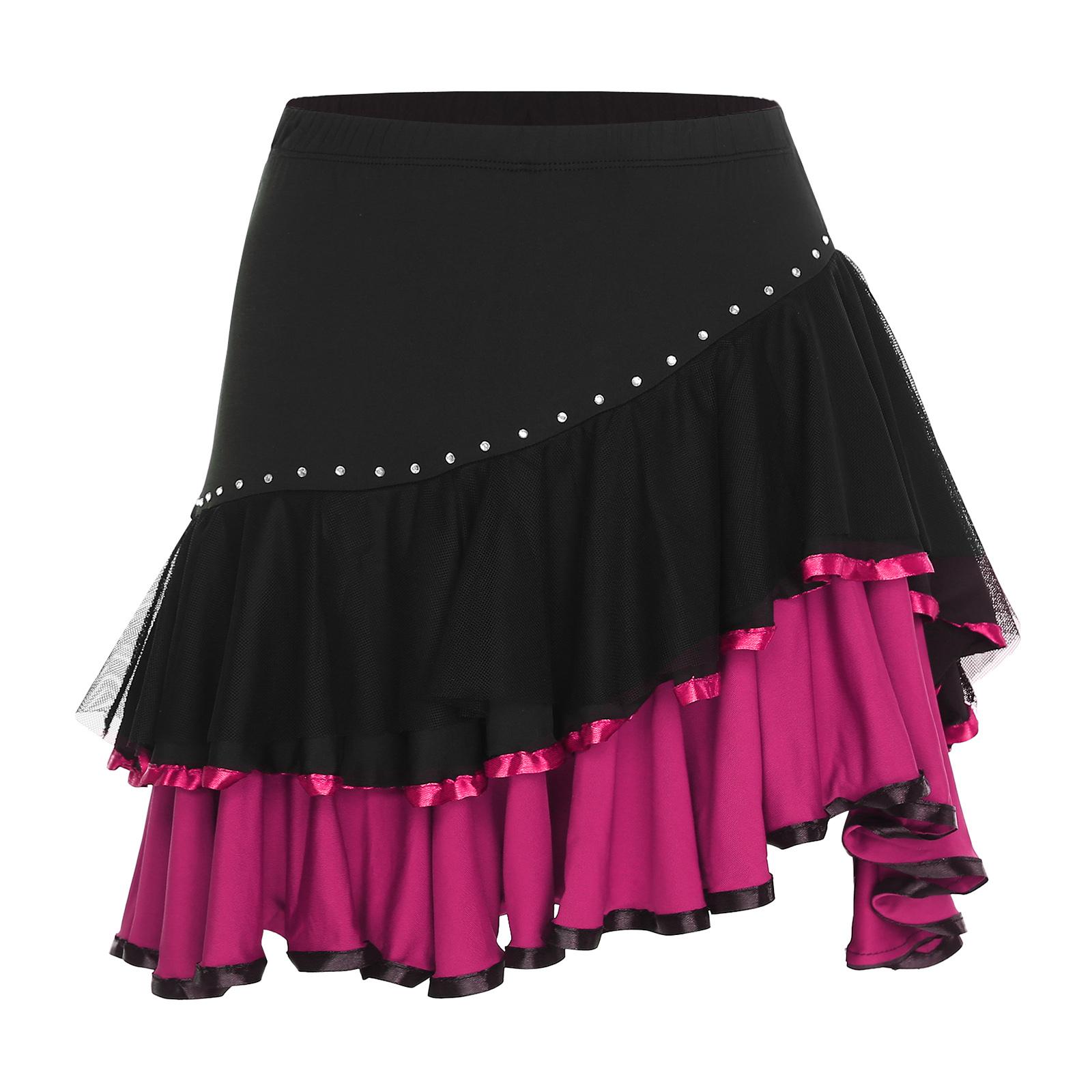 

Жіноча спідниця для латинських танців з високою талією, еластичною стрічкою, контрастним рюшами та вбудованими шортами для виступів M