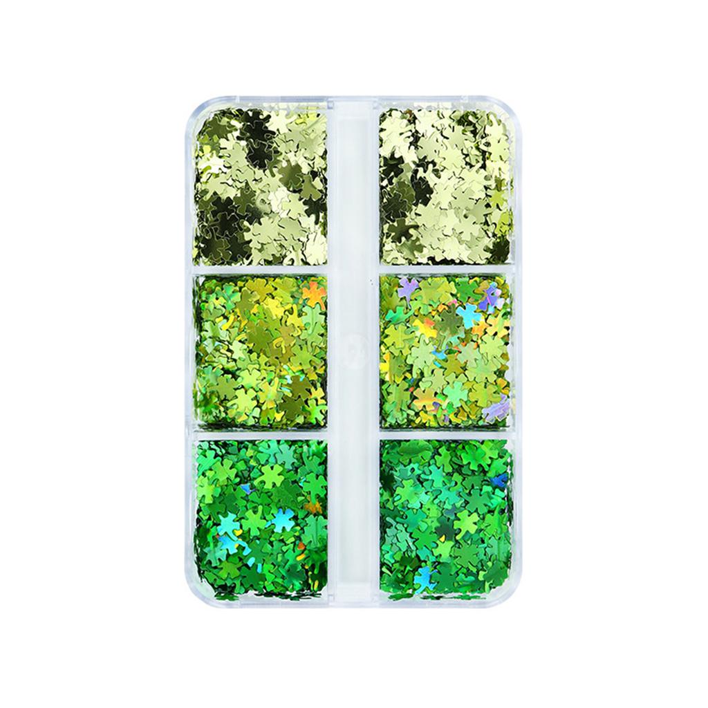 6-Grid Box Pack Green Glitter Nail Art Sequins for St Patrick's Day with Clover Design