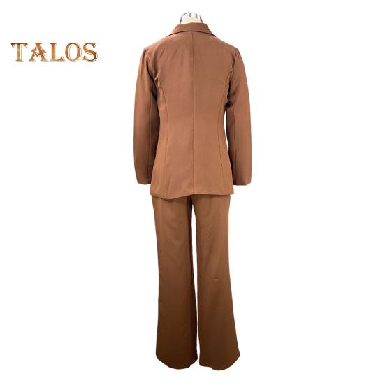 2 Pcs/Set Women Suit Coat Pants Set Deep V Neck Lapel Single Button Closure Mid Length Cardigan Long Sleeve Jacket Straight Trousers Lady Formal