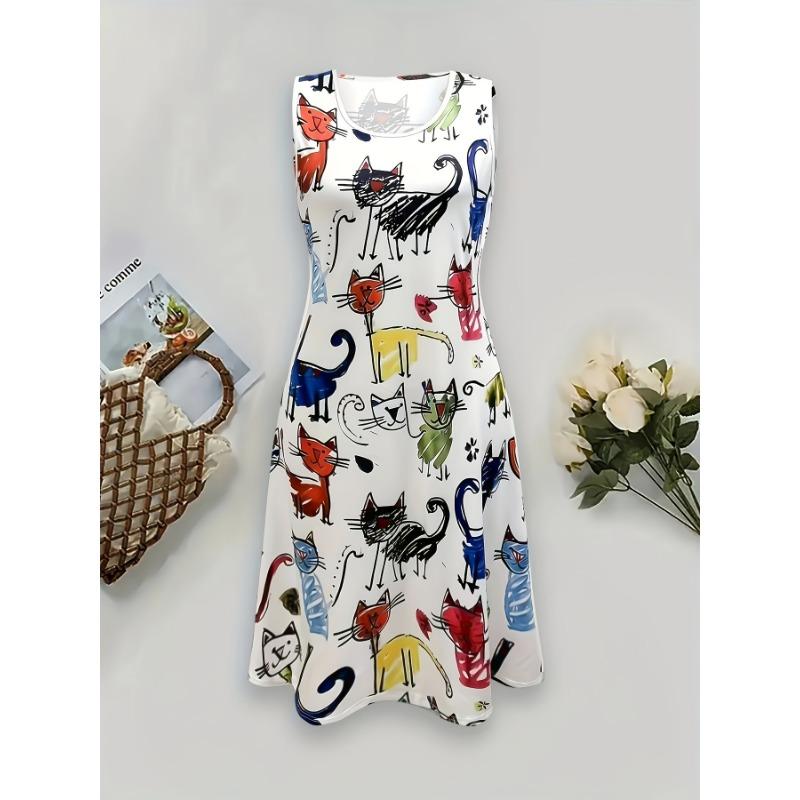 Women's Sleeveless Round Neck Short Summer Dress with Colorful Cat and Paw Print Pattern Design, Suitable for Casual Spring and Summer Wear