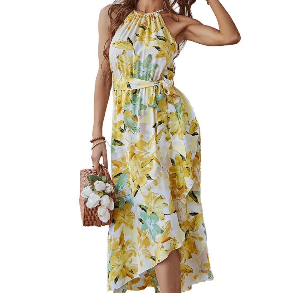 Women s Halter Neck Sleeveless Floral Print Asymmetrical Maxi Dress with Waist Tie S