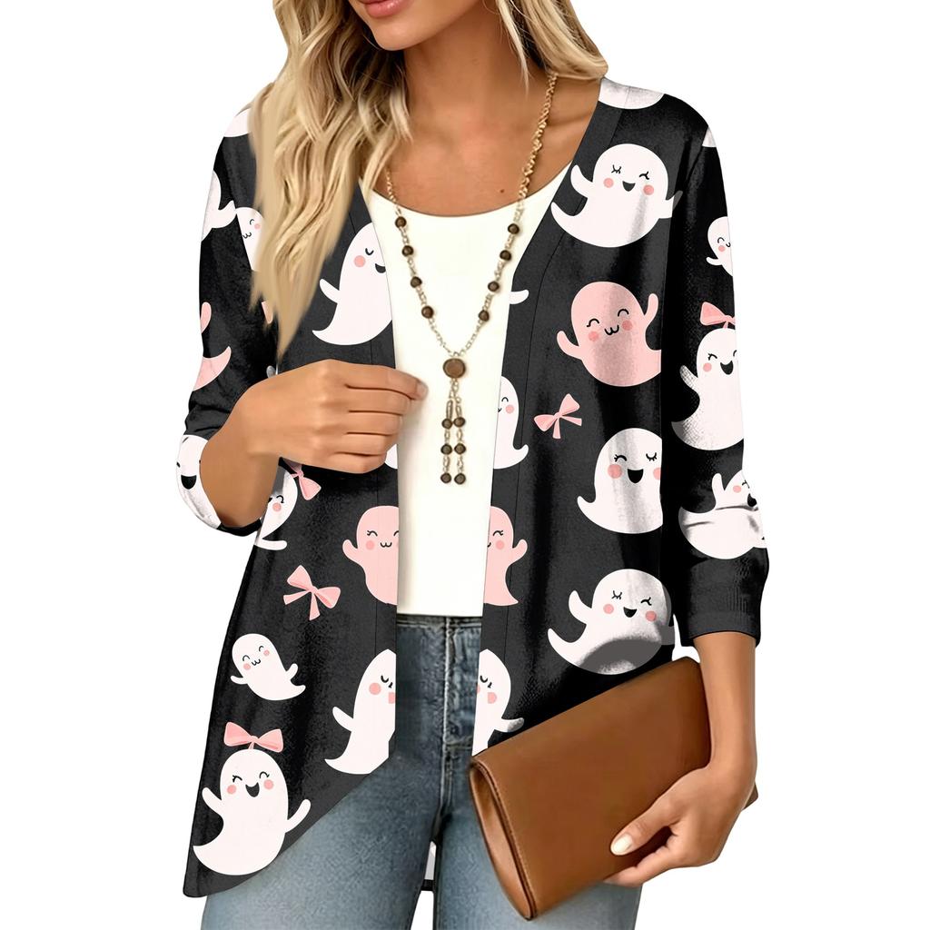 Women's Lightweight Cardigan with Halloween Print , Three-Quarter Sleeve , Relaxed Fit for Casual Halloween Outfits