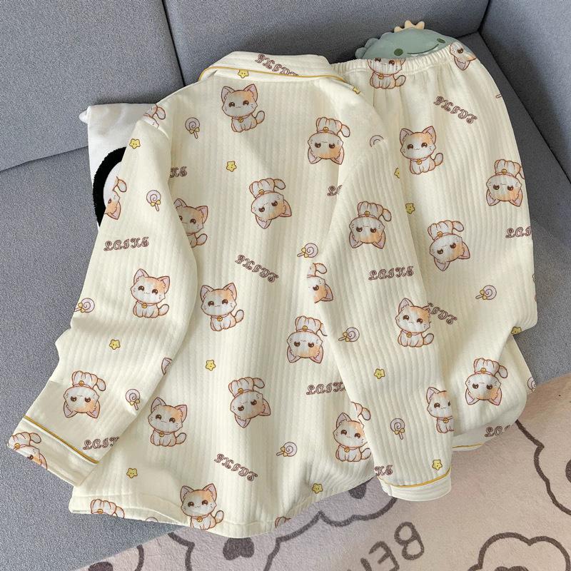 Air cotton pajamas women's autumn and winter long sleeves thickened interlayer warm stars cat student loungewear real shot