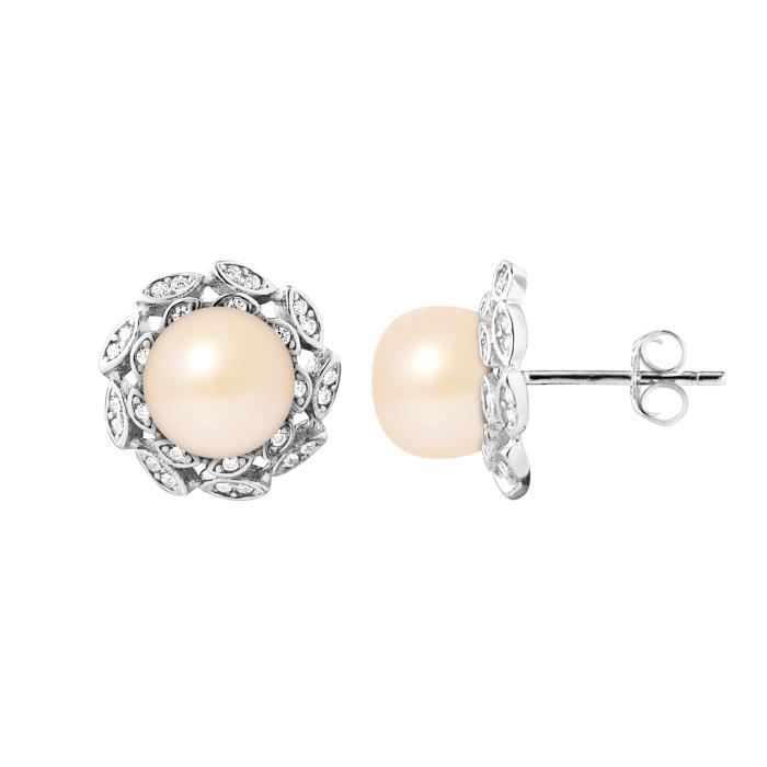 PERLINEA - Boucles d'Oreilles - Corolle Perles de Culture d'Eau Douce Rose Naturel - Argent 925 Millièmes - Bijoux Femme