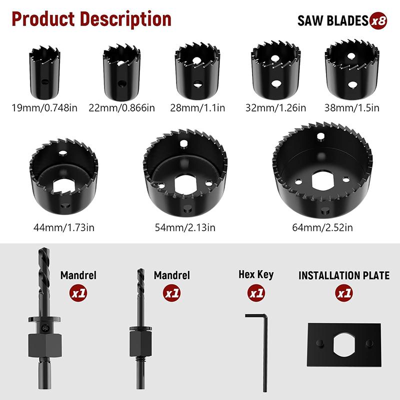 Hole Saw Set 11PCS Hole Saw Kit in Case Drill Bit Kit with Mandrels and Hex Key for Soft Wood Plywood Drywall PVC