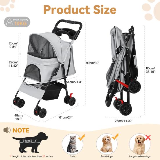 4 Wheels Pet Stroller, Foldable Cat And Dog Stroller with Mesh Windows, Cup Holder, Storage Basket, Breathable Pet Strolling Cart Holds Up To 22lbs
