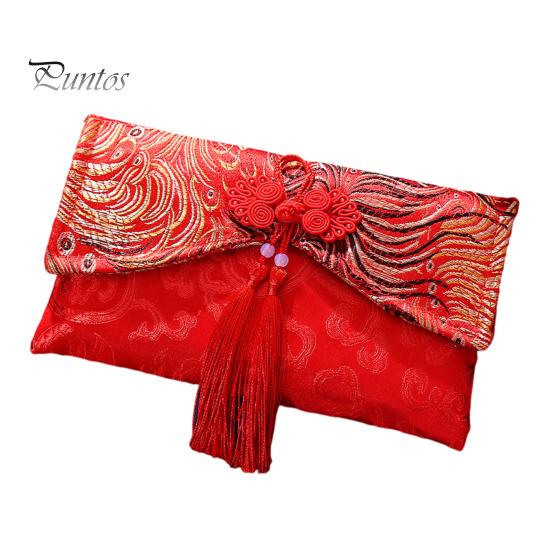 Chinese Red Envelope Embroidered Satin Cash Envelope Lucky Money Envelope Pocket for Wedding Spring Festival Banknotes Gift