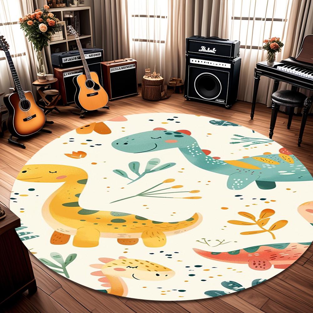 Cute Playful Round Cartoon Dinosaur Theme Kids Decor Rug for Kids' Playroom Nursery Living Room Home Decor Soft Non Slip Durable