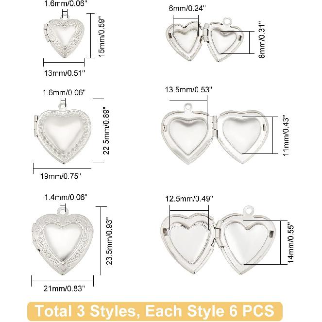 UNICRAFTALE 18pcs 3 Sizes Heart Photo Frame Locket Pendants Stainless Steel Openable Pendants Hypoallergenic Charms for DIY Necklace Bracelet Making